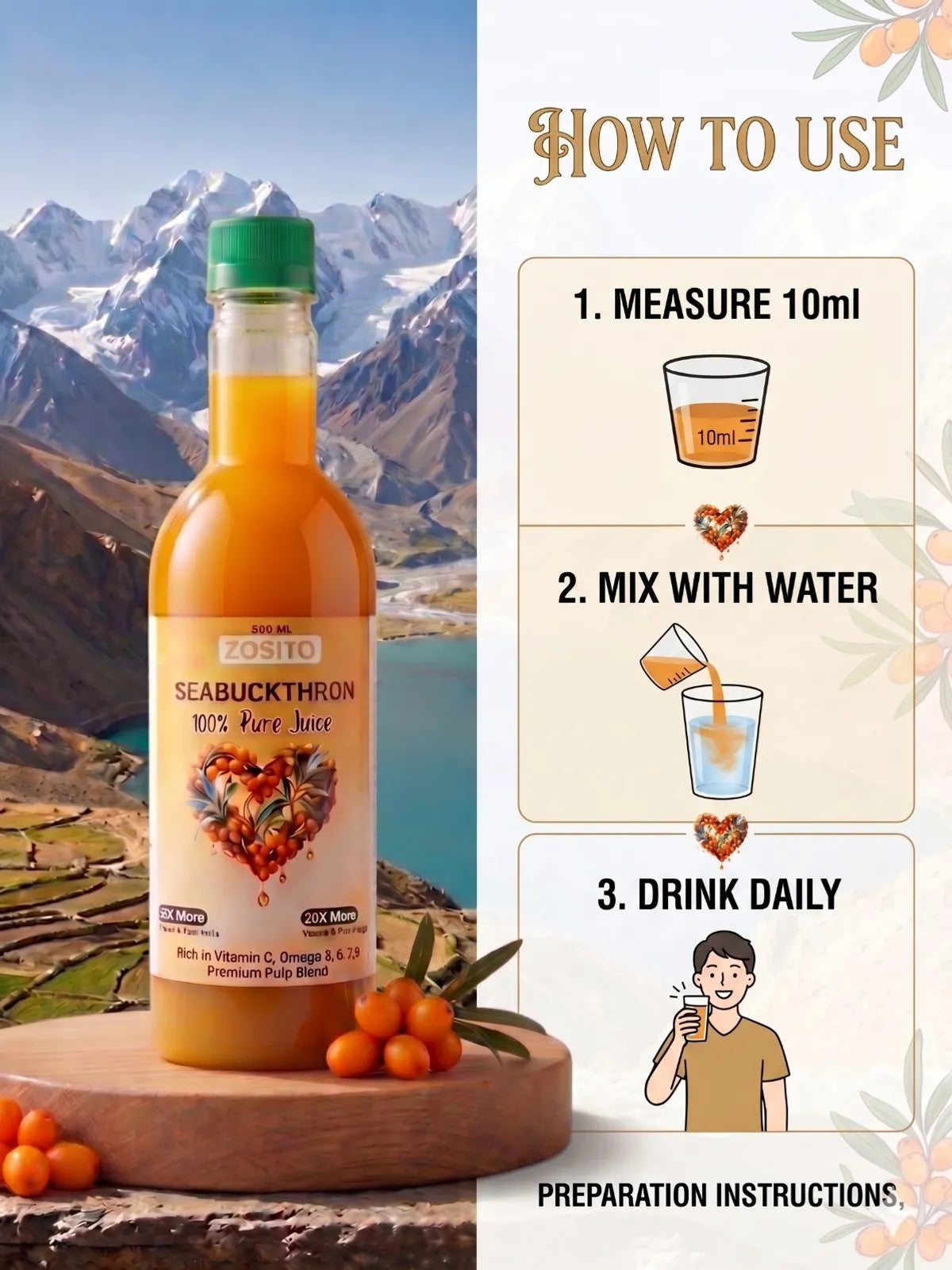 100% Natural Sea Buckthorn Pulp Juice - Pack Of 2