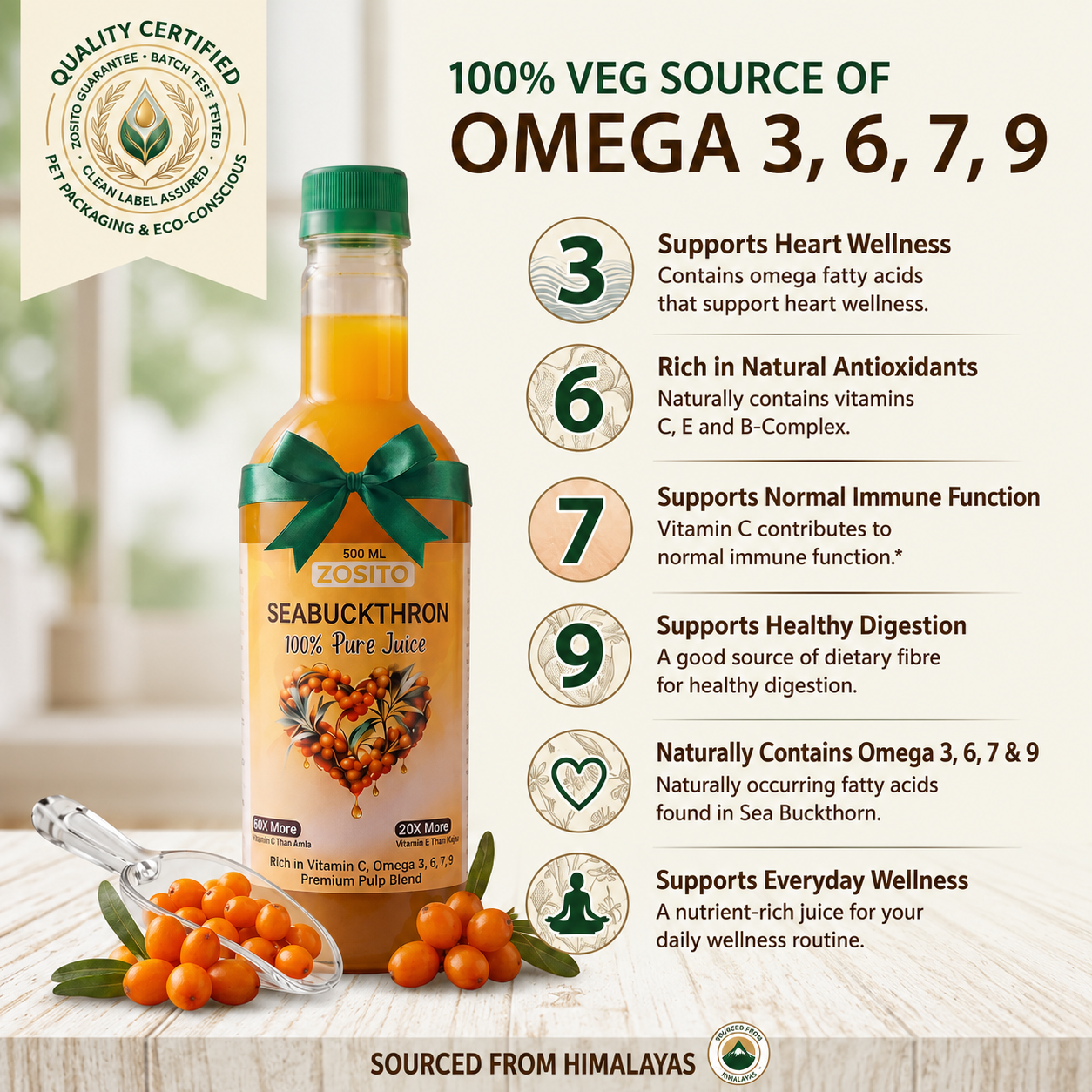 Zosito Sea Buckthorn Juice 1 Litre – 99% Pure Himalayan Berry | Rich in Vitamin C, Omega 3, 6, 7 & 9