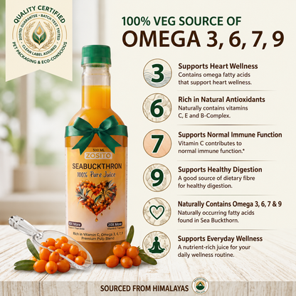 Zosito Sea Buckthorn Juice 1 Litre – 99% Pure Himalayan Berry | Rich in Vitamin C, Omega 3, 6, 7 & 9