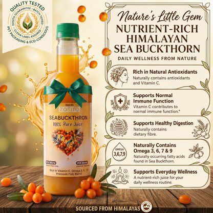 Zosito Sea Buckthorn Juice 1 Litre – 99% Pure Himalayan Berry | Rich in Vitamin C, Omega 3, 6, 7 & 9