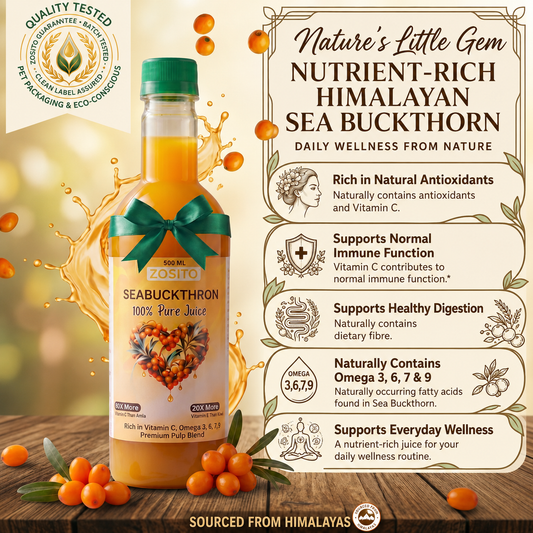 Zosito Sea Buckthorn Juice 1 Litre – 99% Pure Himalayan Berry | Rich in Vitamin C, Omega 3, 6, 7 & 9