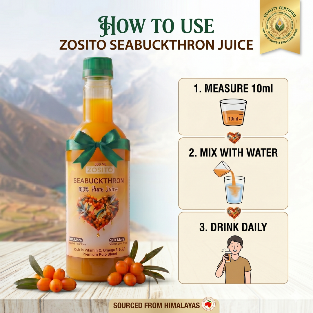 Zosito Sea Buckthorn Juice 1 Litre – 99% Pure Himalayan Berry | Rich in Vitamin C, Omega 3, 6, 7 & 9