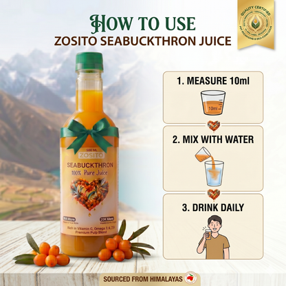 Zosito Sea Buckthorn Juice 1 Litre – 99% Pure Himalayan Berry | Rich in Vitamin C, Omega 3, 6, 7 & 9